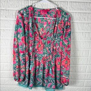 Lily Pulitzer Floral V-Neck Blouse - Pink and Green